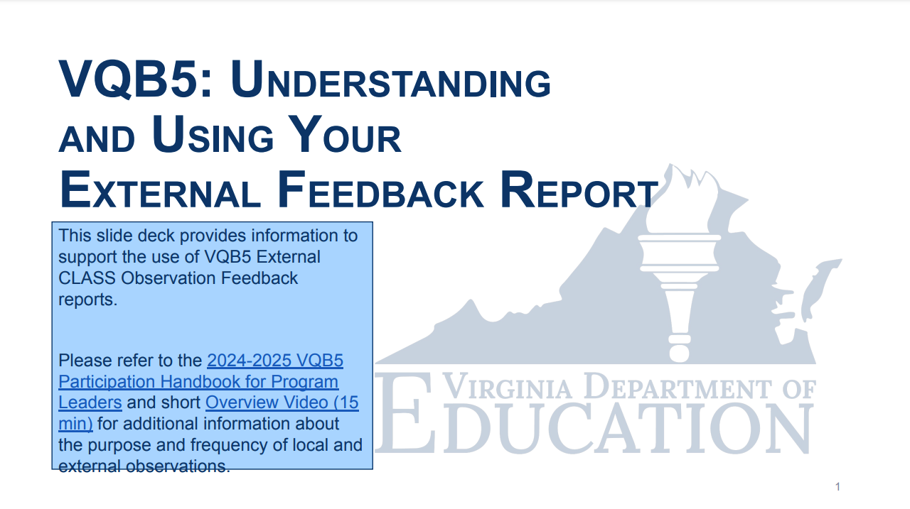 2024–2025 VQB5: Understanding and Using Your External Feedback Report Cover Image. Outline of Virginia with the Virginia Department of Education underneath.
